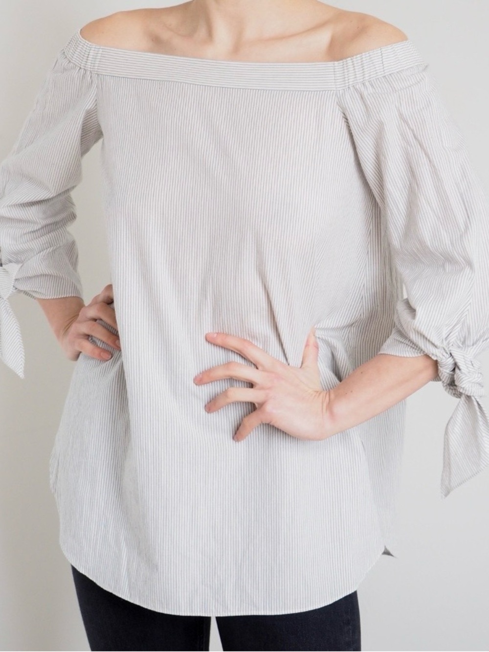 Tibi Off Shoulder Top Grey Pinstripe Shirt Knot Detail Sleeves